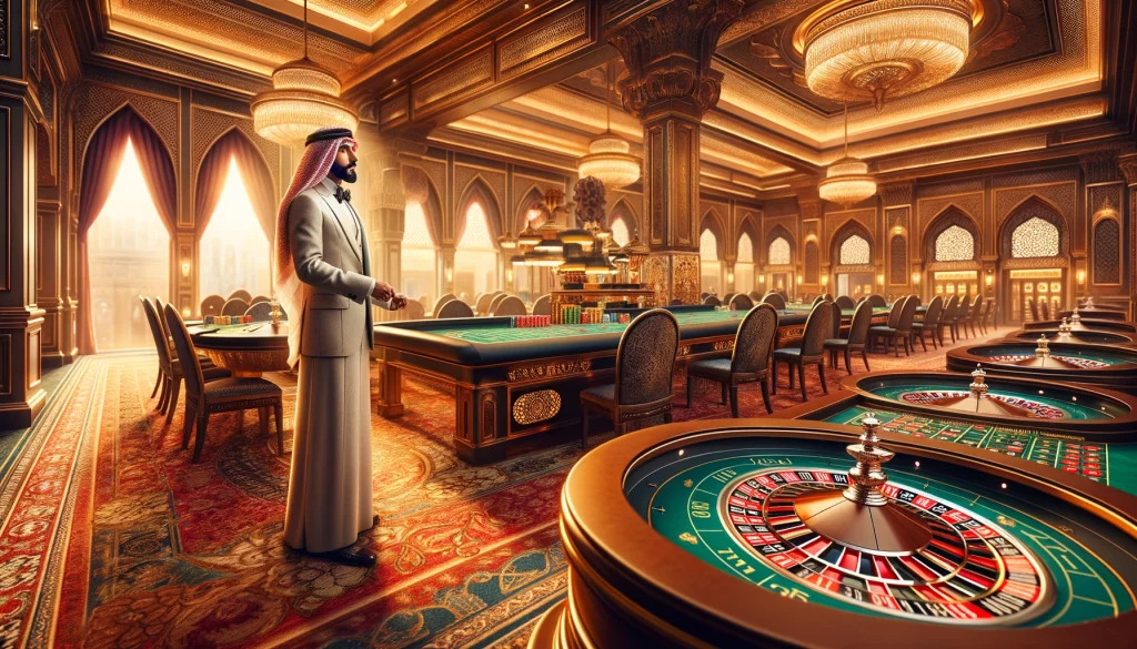 Create a detailed and realistic scene of the interior of an Arabian casino. In the foreground, depict an Arabian man in a luxurious suit standing