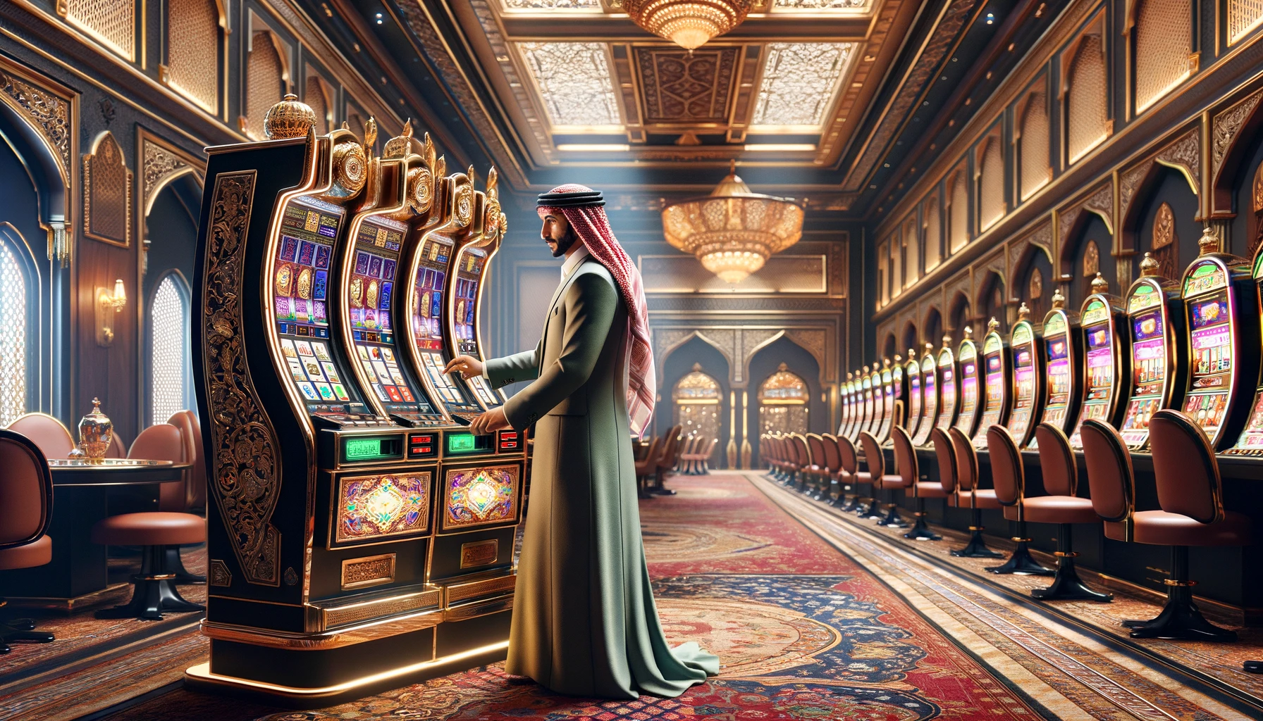 Create a realistic scene depicting the interior of an Arabian casino. In the foreground, an Arabian man in a luxurious suit is engaged in playing